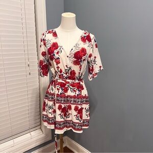 Women's White & Red Play-Suit Floral Romper